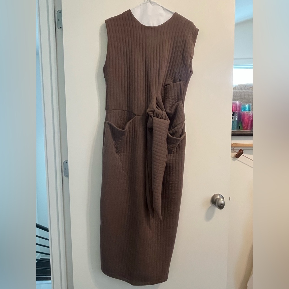 Zara Brown Sheath Midi Dress Mock Neck Sleeveless